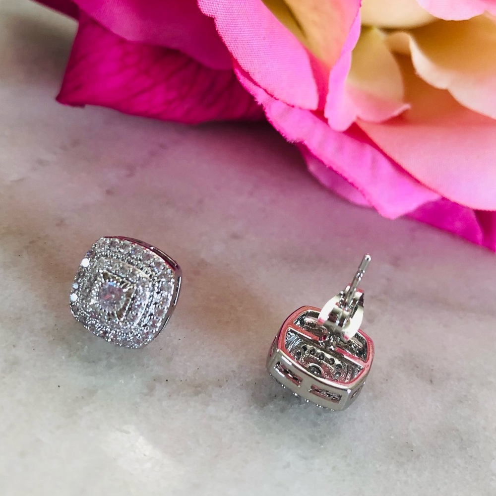 White Sapphire Silver Stud Earrings - Picture 3 of 4